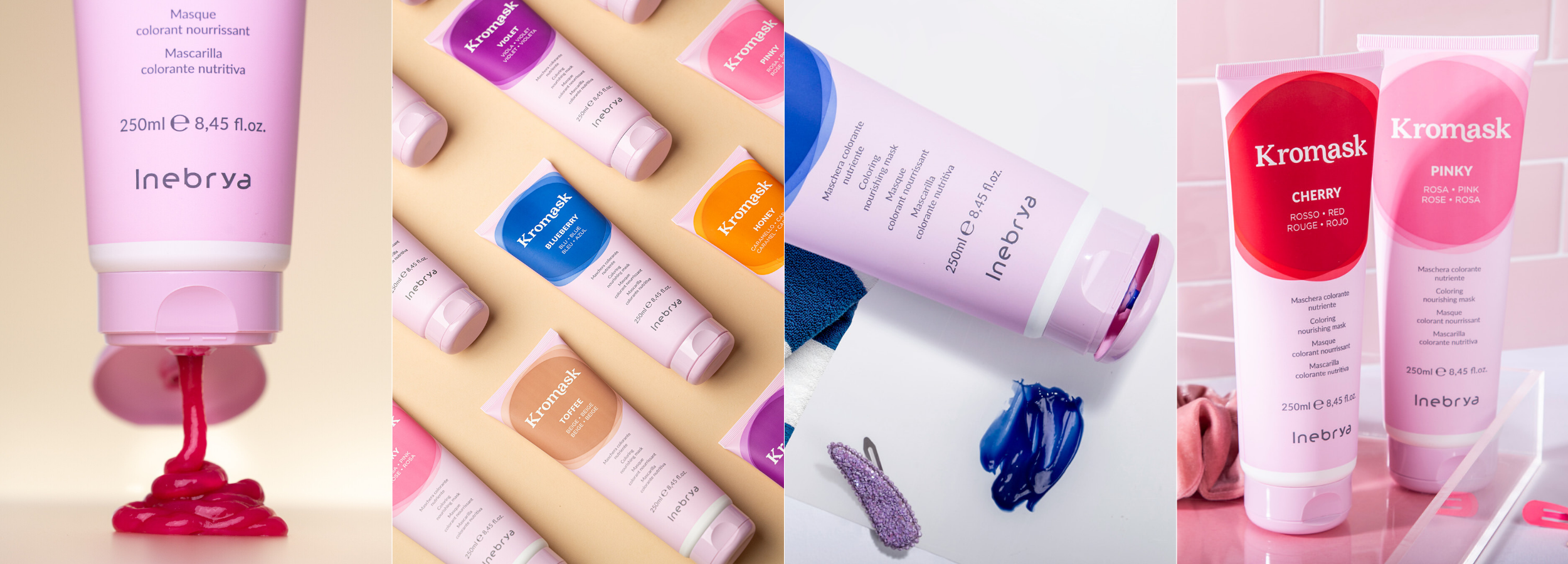 Kromask coloring nourishing hair masks in cherry, pinky, violet, blueberry, honey & toffee shades by Inebrya