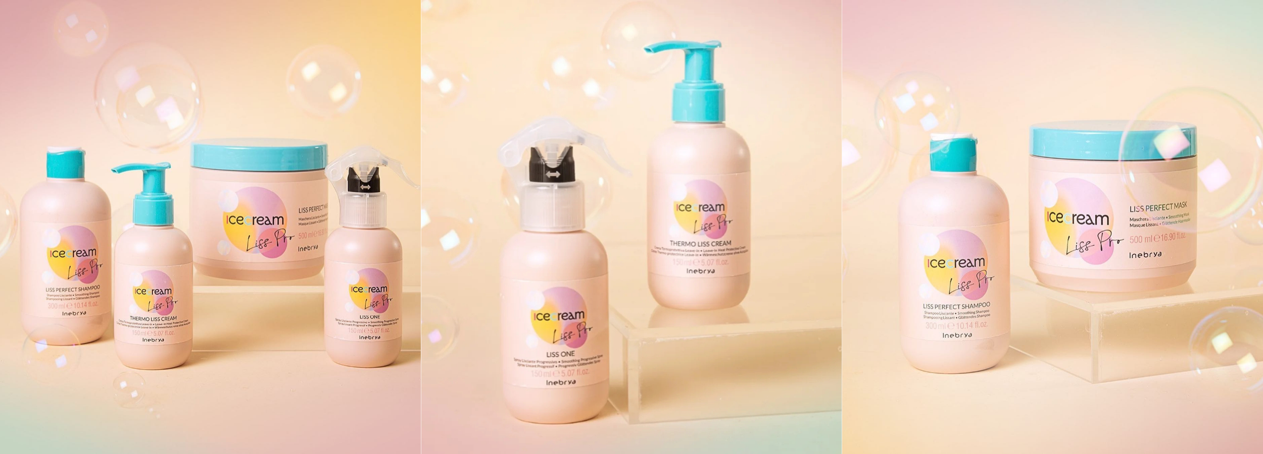 Icecream Liss Pro hair care set with smoothing shampoo, mask, and thermo cream in pastel bottles with bubbles
