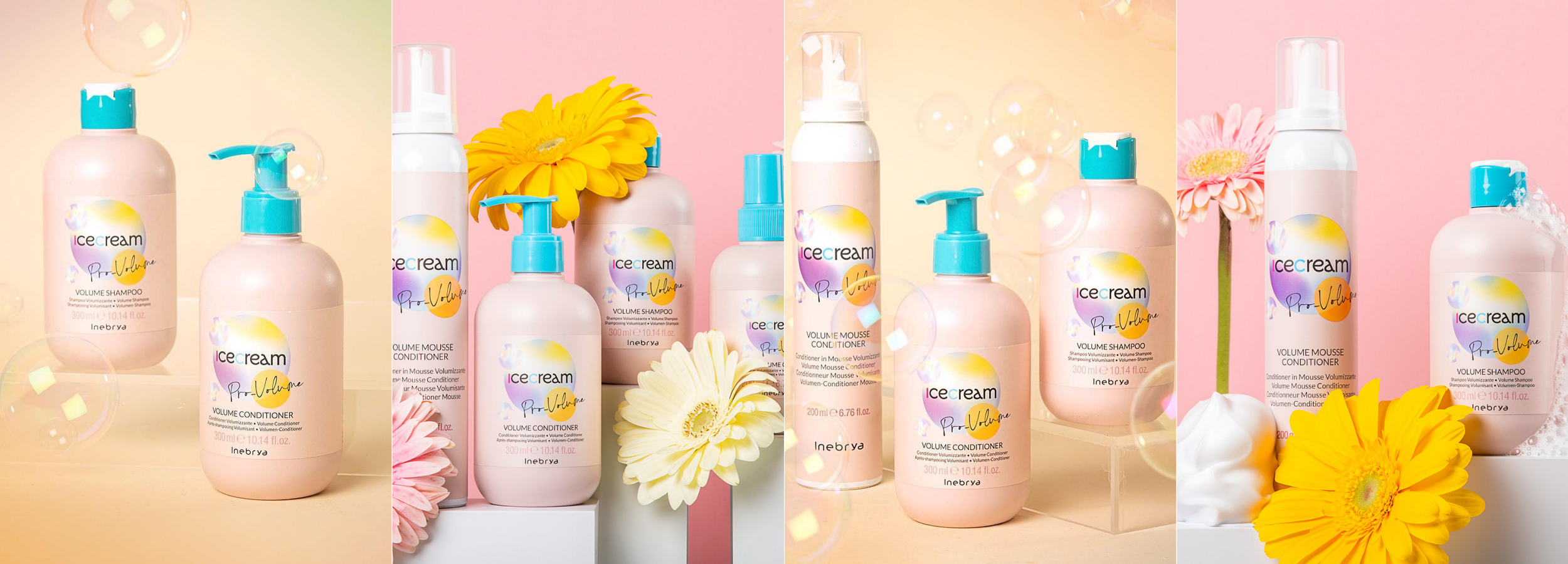 Icecream Pro-Volume shampoo, conditioner, and mousse with flowers and bubbles for volumizing hair care