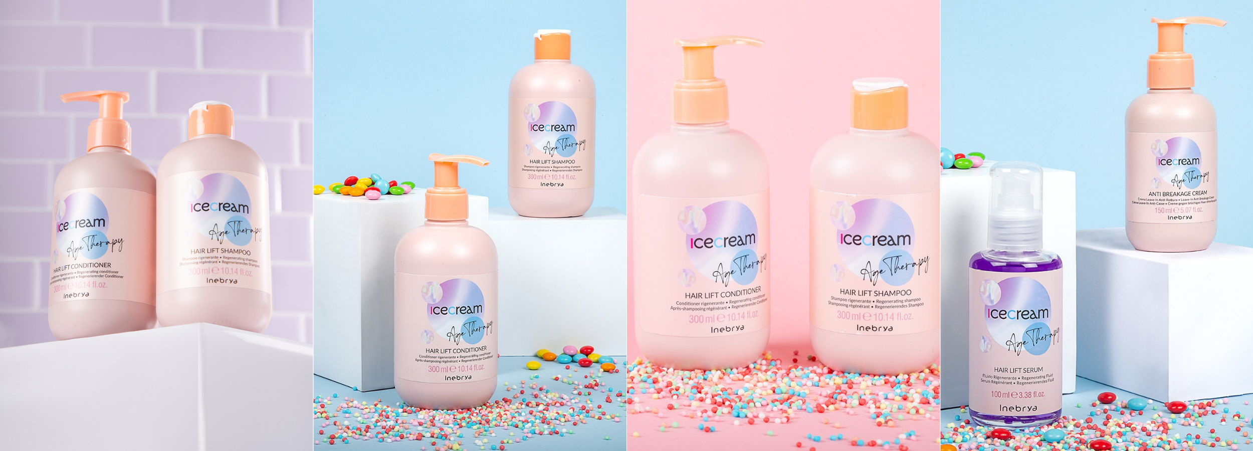 Icecream Age Therapy hair care line: lift shampoo, conditioner, serum, anti-breakage cream in pastel bottles with candy sprinkles