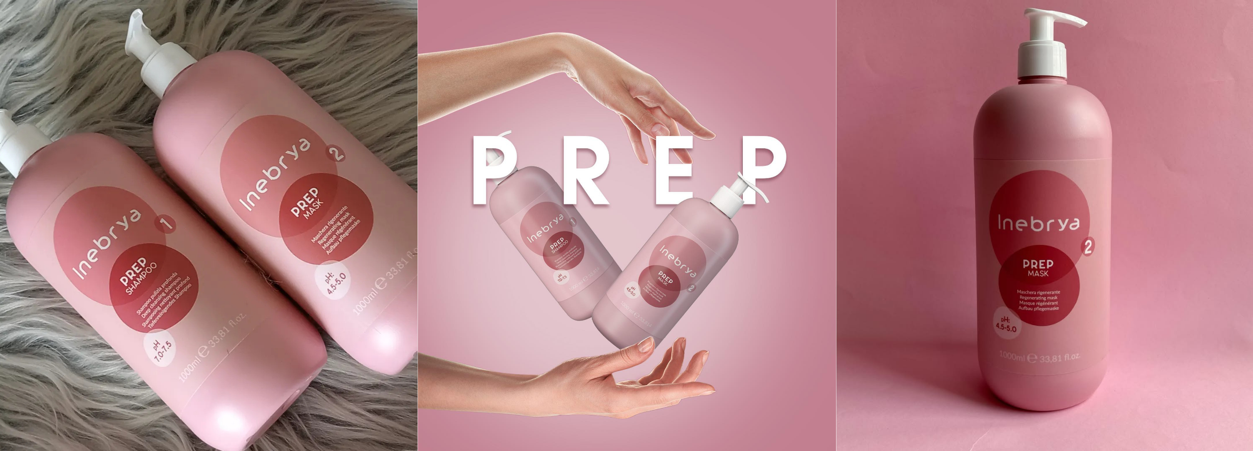 Inebrya Prep Shampoo & Mask set, pink bottles with pump, pH-balanced hair care for deep cleansing and regeneration