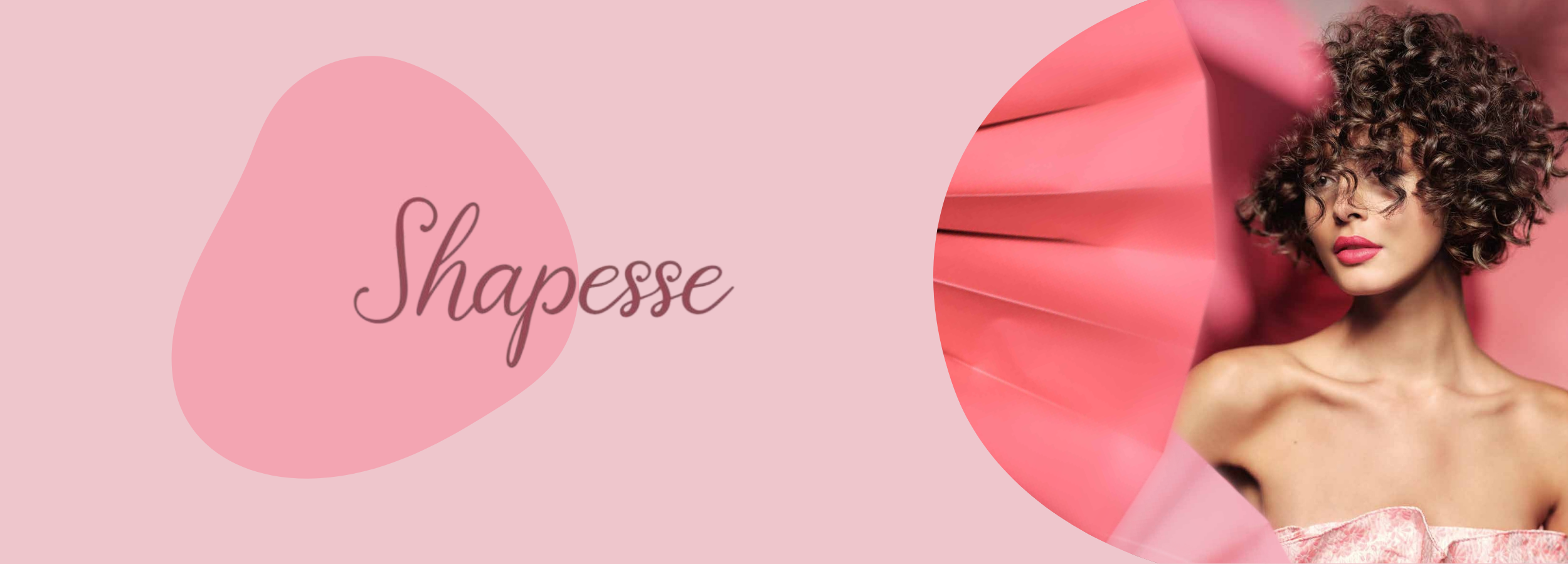 Shapese beauty concept with curly hair model in pink studio setting