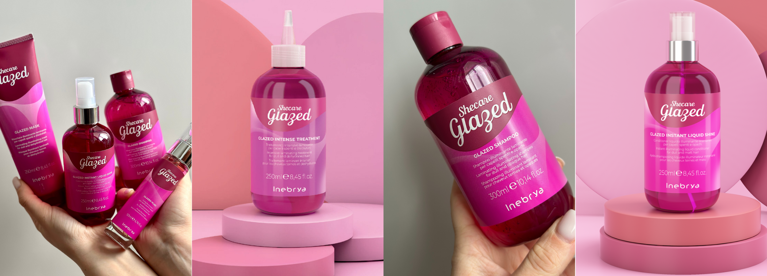Shecare Glazed hair care collection with shampoo, mask, and shine spray in vibrant pink bottles