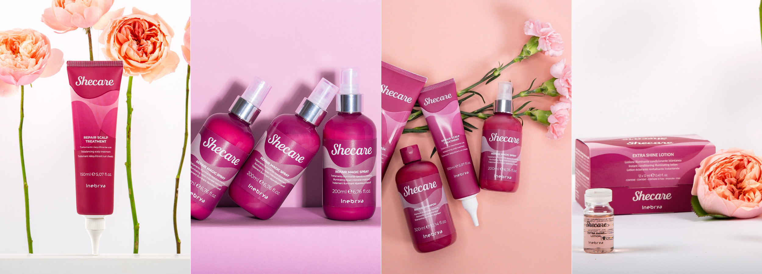 Shecare hair repair products with pink packaging, featuring scalp treatment, magic spray, shampoo, and shine lotion, styled with fresh roses.
