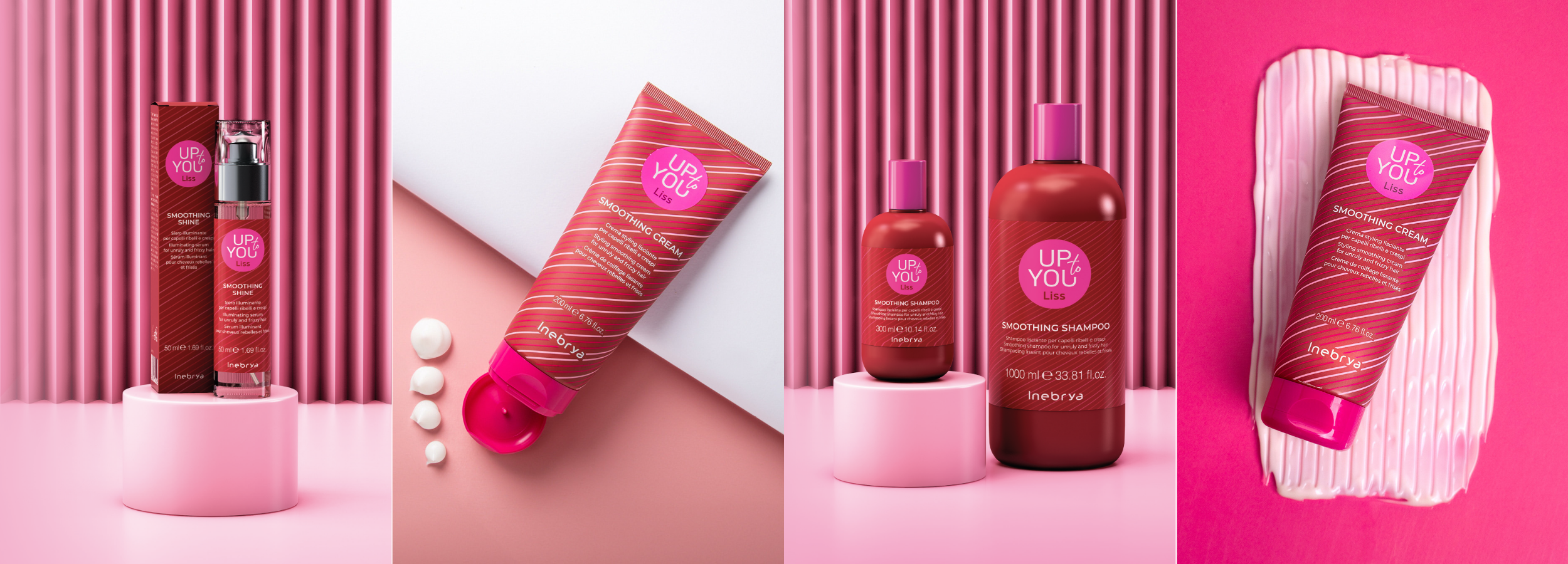 UP to YOU Liss smoothing hair care line: serum, cream, shampoo for frizzy hair in pink packaging