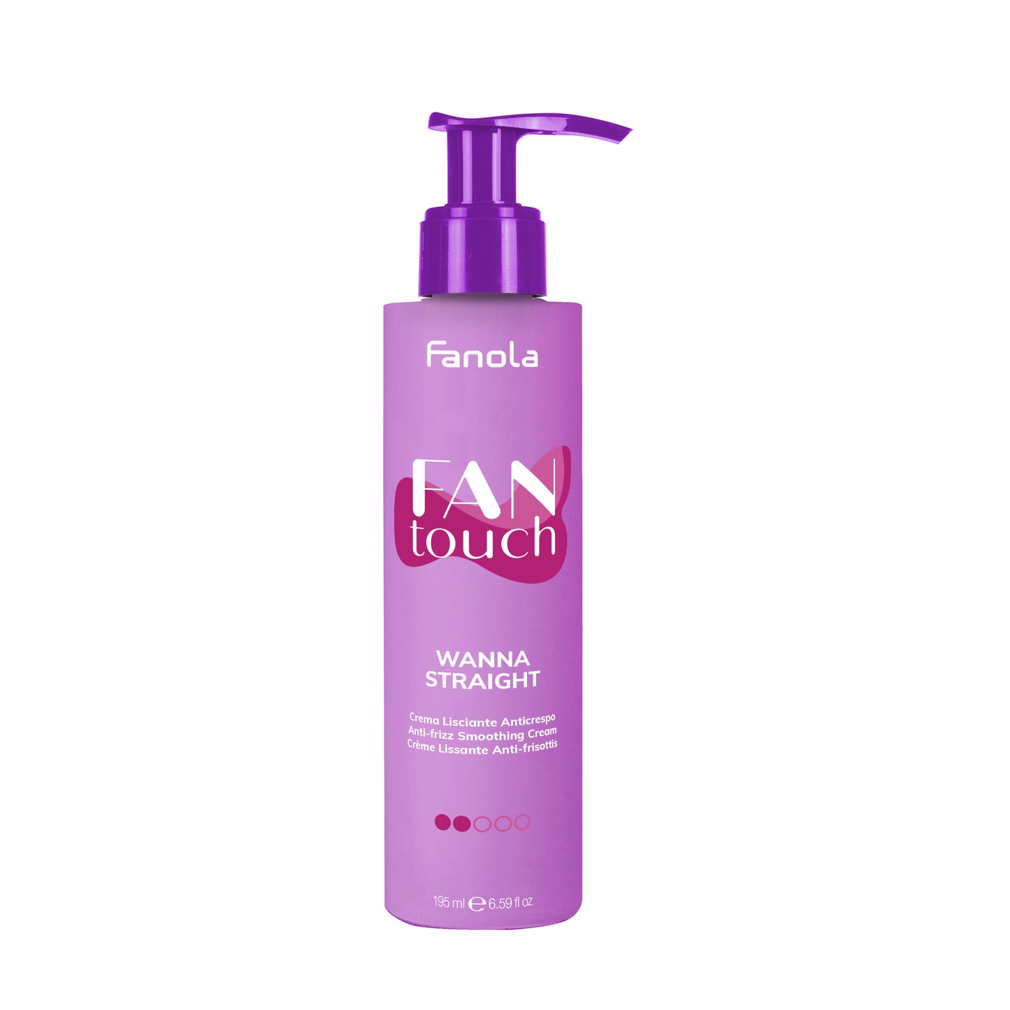 Fanola Wanna Straight anti-frizz smoothing cream in purple bottle with pump, 195ml