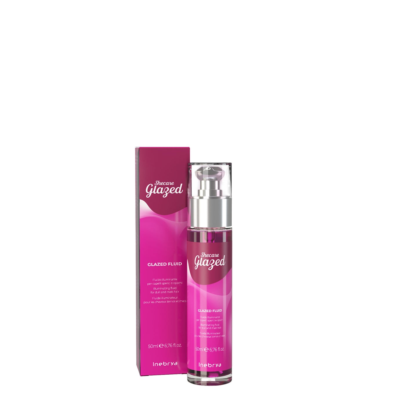Shecare Glazed illuminating fluid for dull and matte hair, 50ml bottle with pink packaging