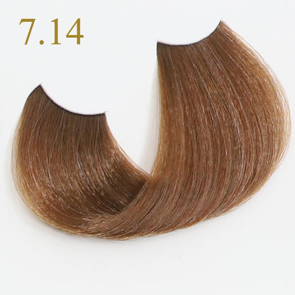 Hair color swatch 7.14, light ash brown tone for beauty and salon use