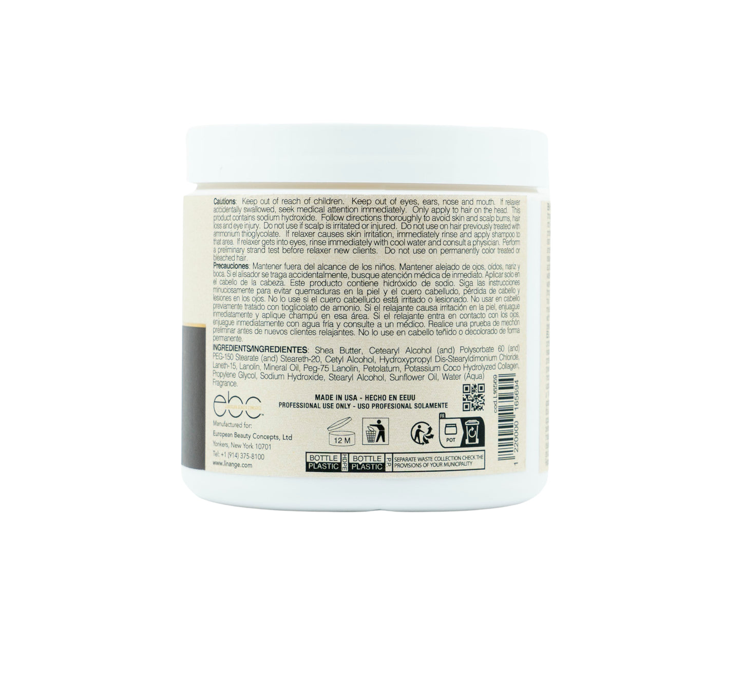 Back label of professional hair relaxer jar with usage instructions, ingredients, and safety warnings for salon use.