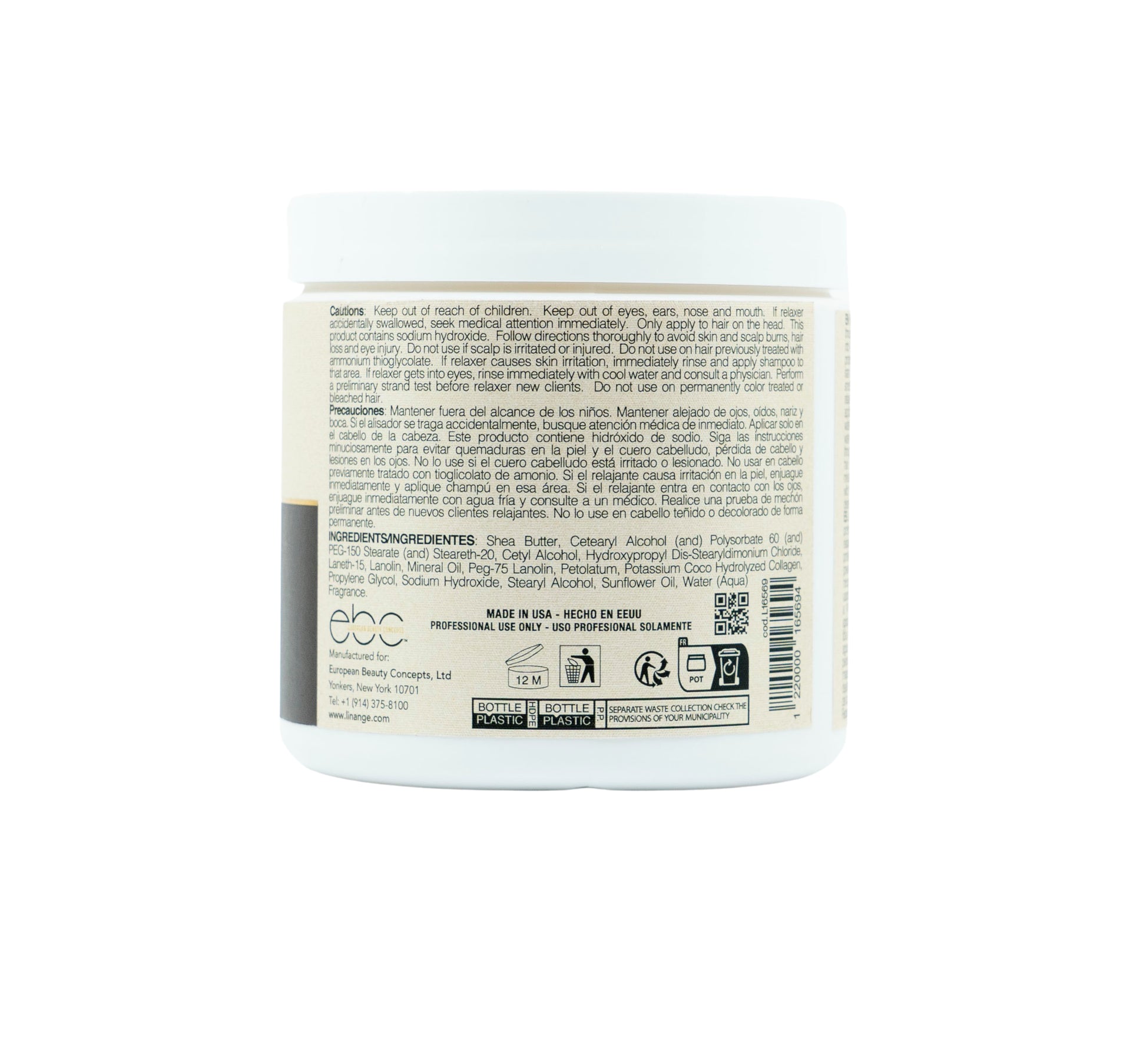Back label of professional hair relaxer jar with usage instructions, ingredients, and safety warnings for salon use.