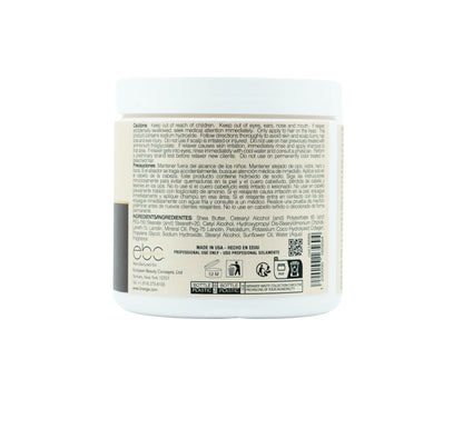 Back label of professional hair relaxer jar with usage instructions, ingredients, and safety warnings for salon use.