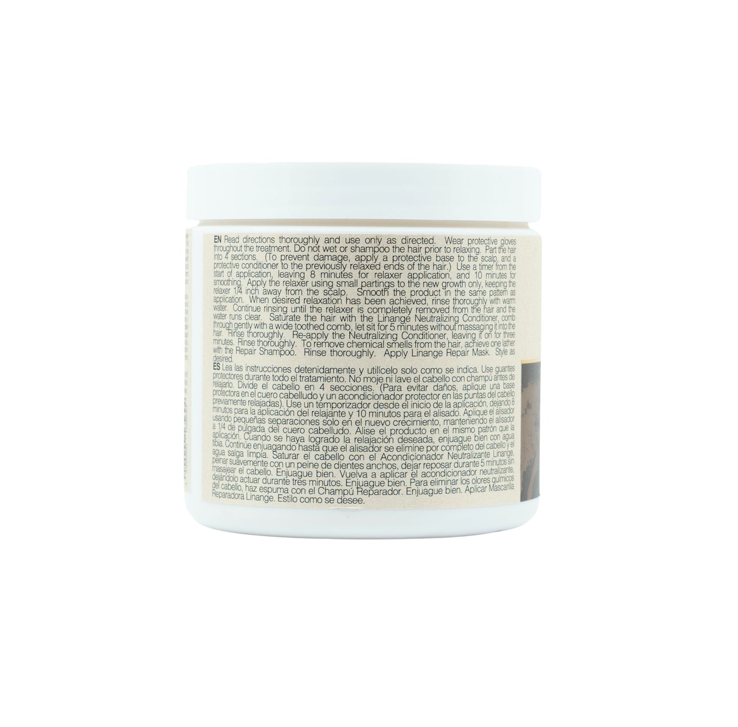 Hair relaxer treatment jar with usage instructions for scalp and new growth, bilingual English Spanish label