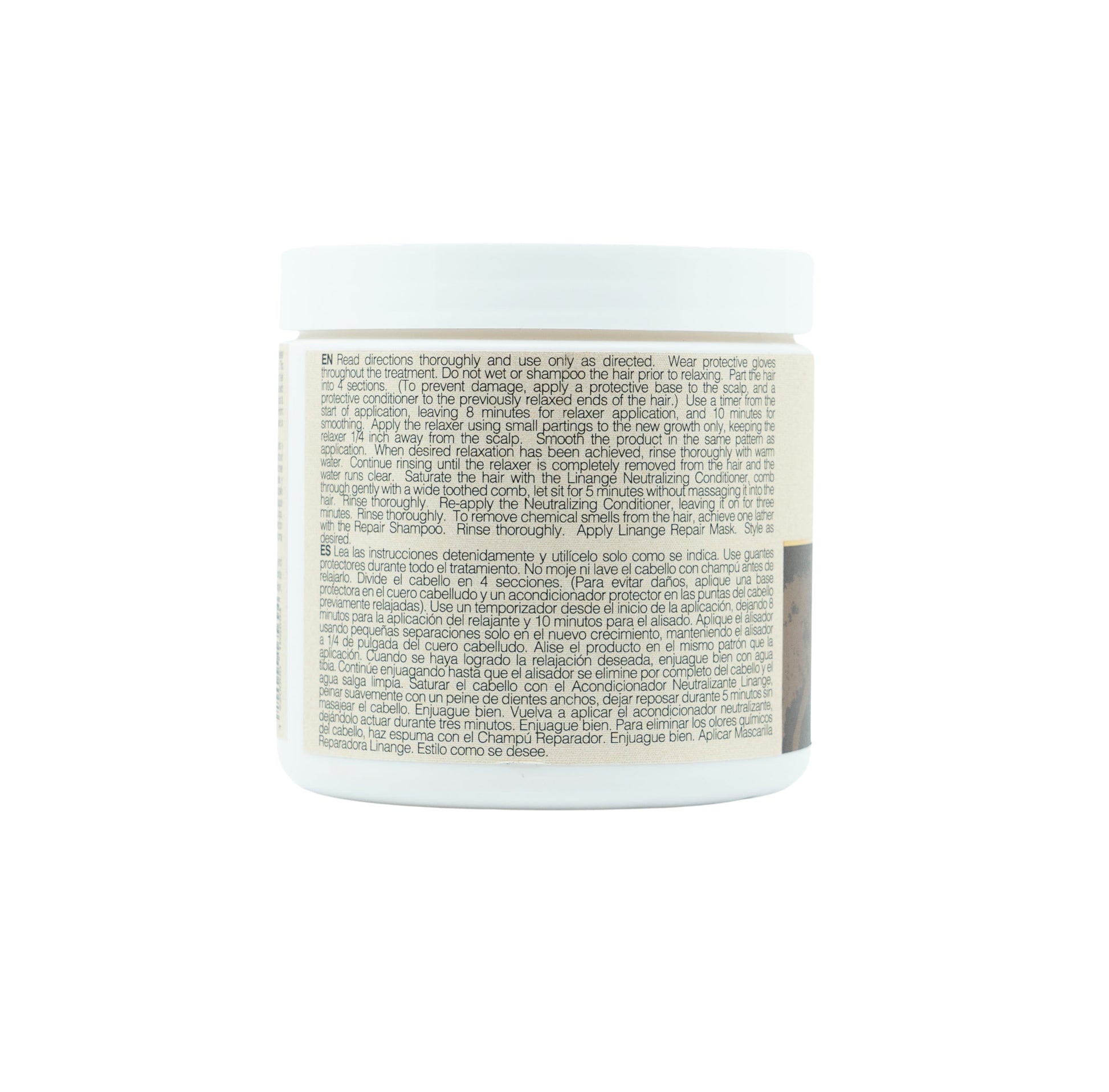 Hair relaxer treatment jar with usage instructions for scalp and new growth, bilingual English Spanish label