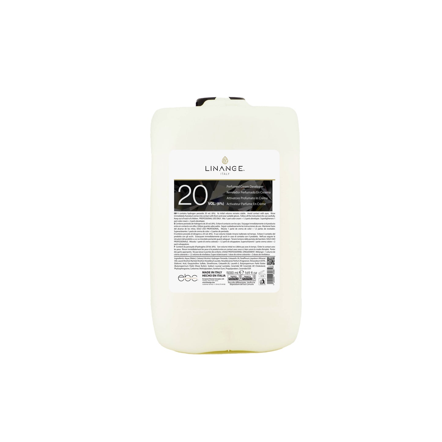 Linange Italy 20 Volume Perfumed Cream Developer for professional hair coloring, 5000ml