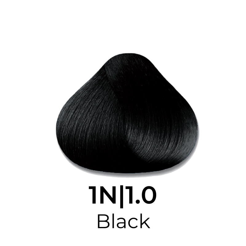 1N|1.0 Black hair dye swatch, deep jet black shade for salon color treatments