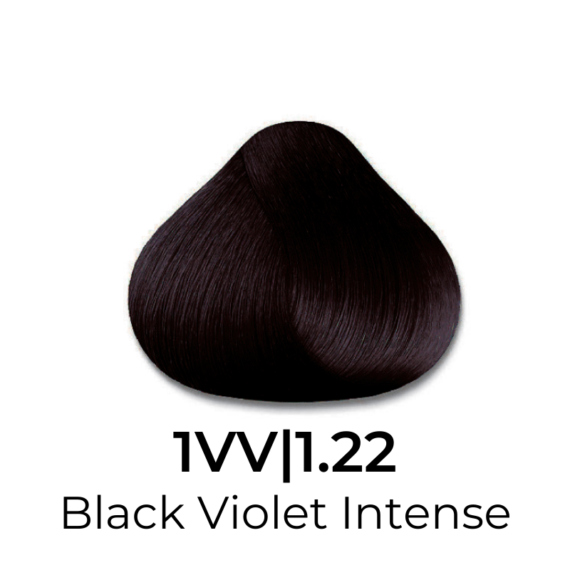 Black Violet Intense 1V/1.22 hair color swatch, deep violet-black shade for professional hair dye
