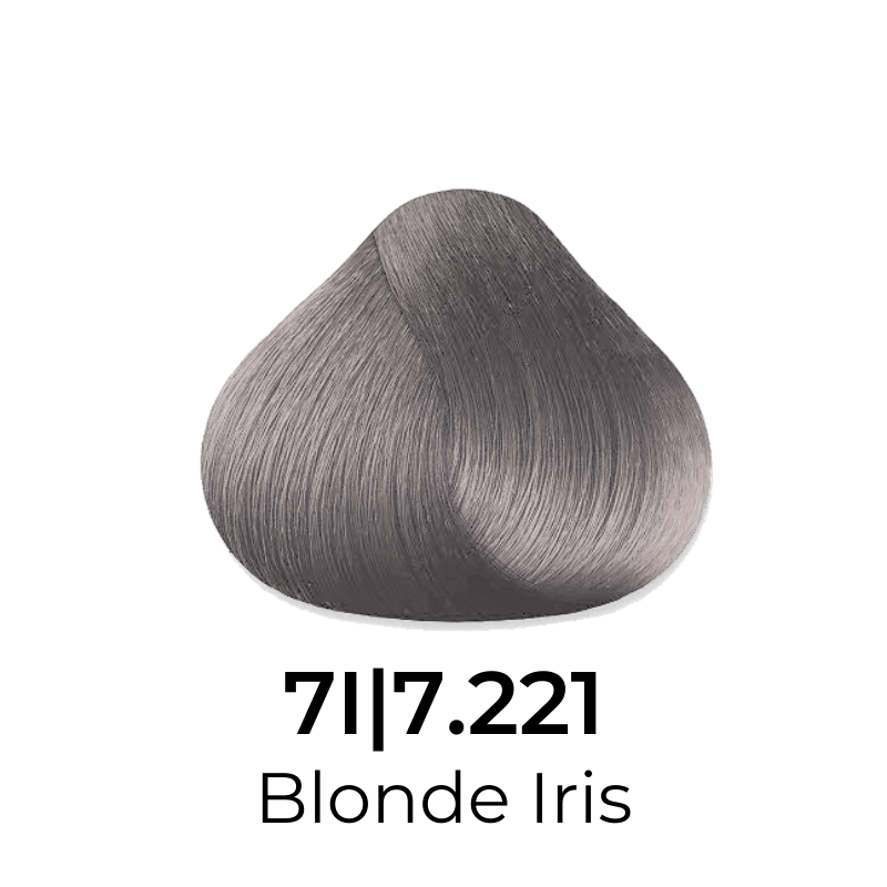 Blonde Iris 7.221 hair color swatch, cool ash blonde shade for professional salon use