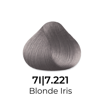 Blonde Iris 7.221 hair color swatch, cool ash blonde shade for professional salon use