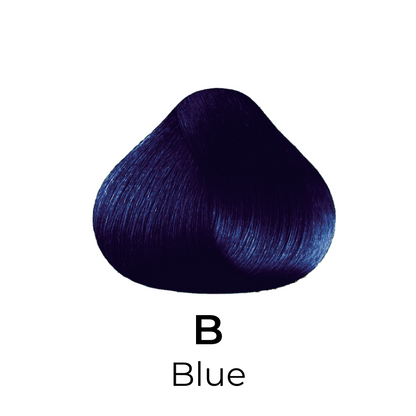 Deep blue hair color swatch labeled B Blue for salon or home use