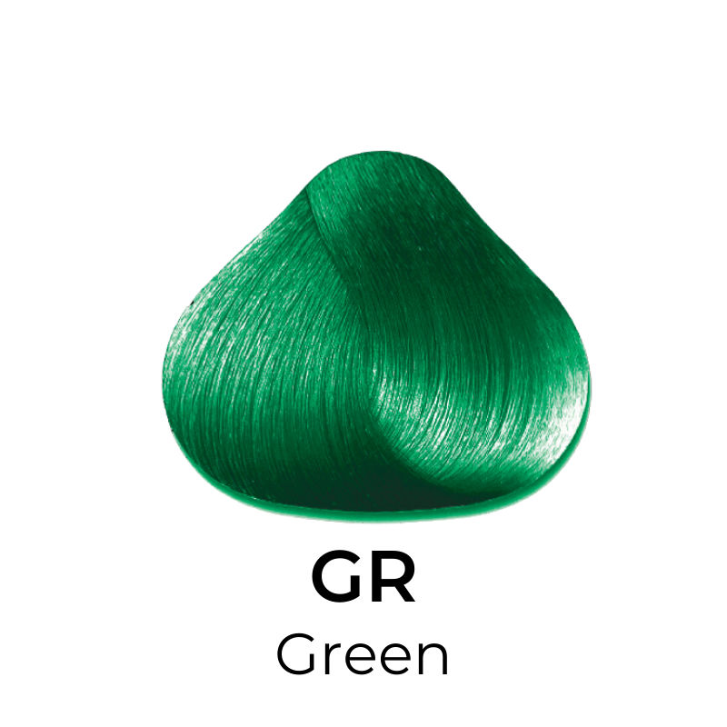 Vibrant green hair color swatch labeled GR Green for bold beauty looks