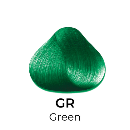 Vibrant green hair color swatch labeled GR Green for bold beauty looks