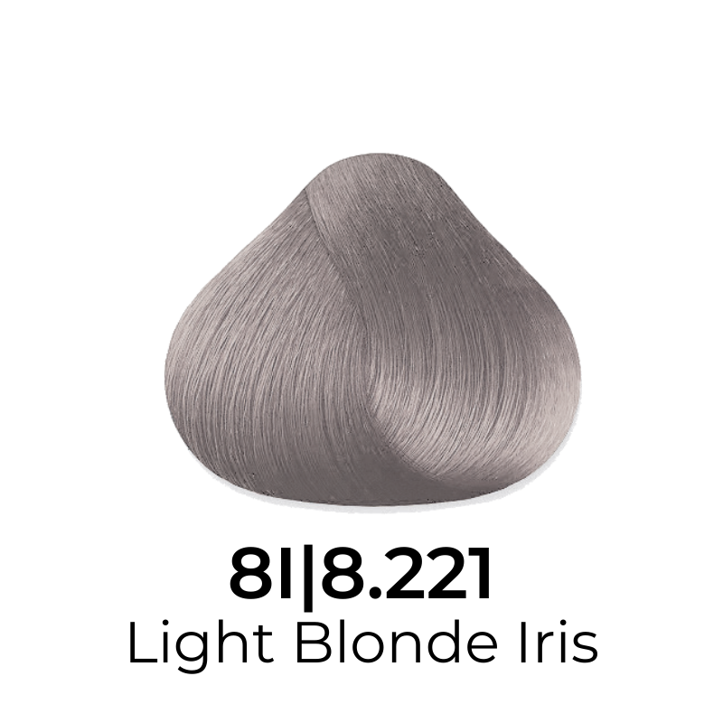 Light Blonde Iris 8.221 hair color swatch, soft ash tone for European beauty styling