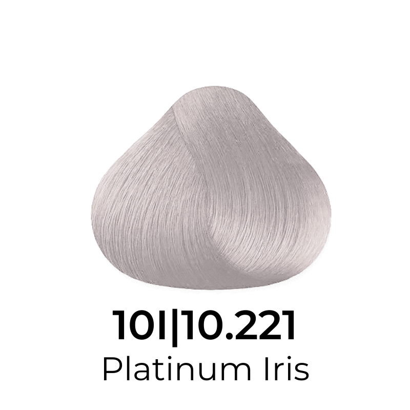 Platinum Iris hair color swatch 10.221, ultra-light ash blonde shade for salon use