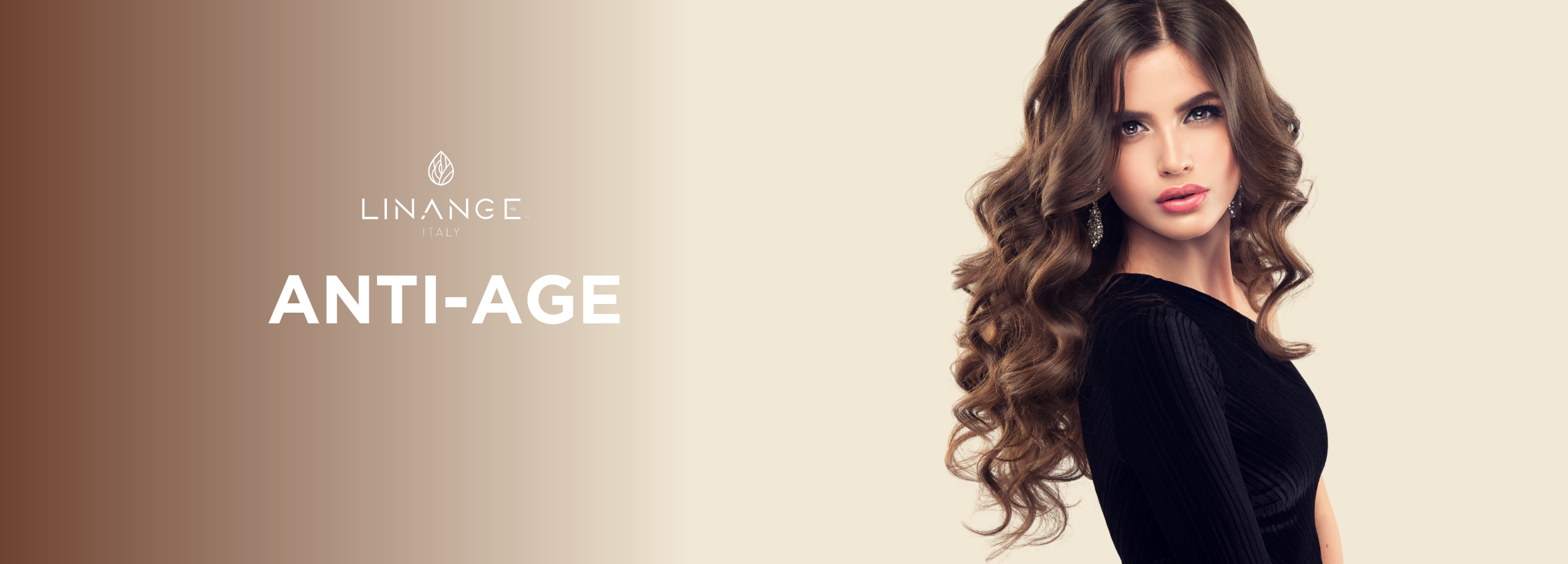 Woman with wavy brown hair and anti-age skincare text, Linange Italy beauty product