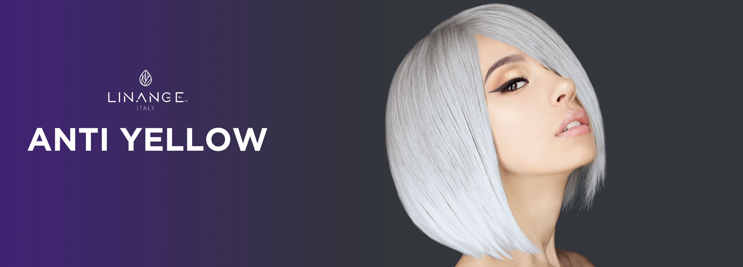 Model with sleek silver bob hairstyle, anti yellow hair care concept, Linange Italy beauty product