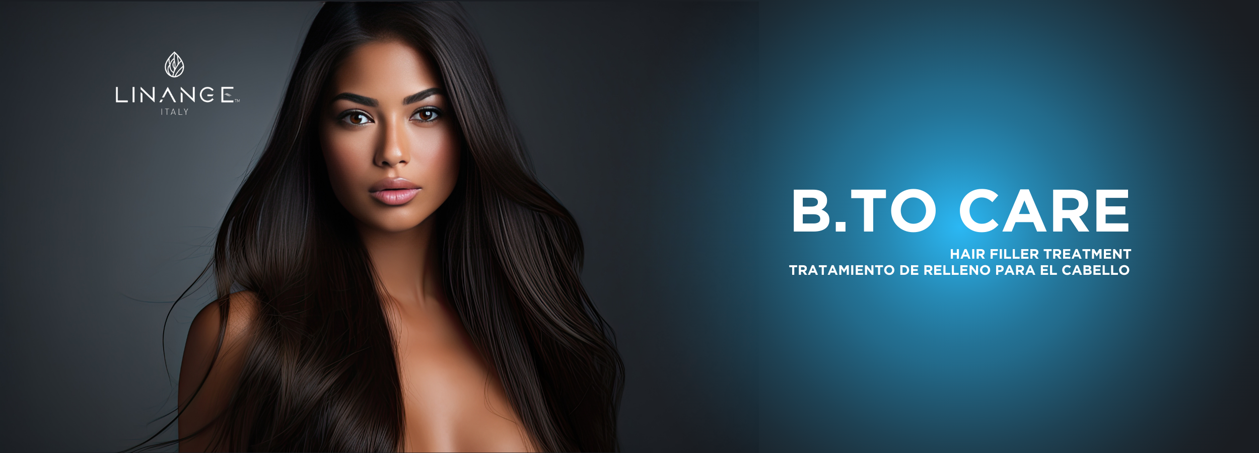 Woman with long, glossy dark hair showcasing B.To Care hair filler treatment for volume and shine