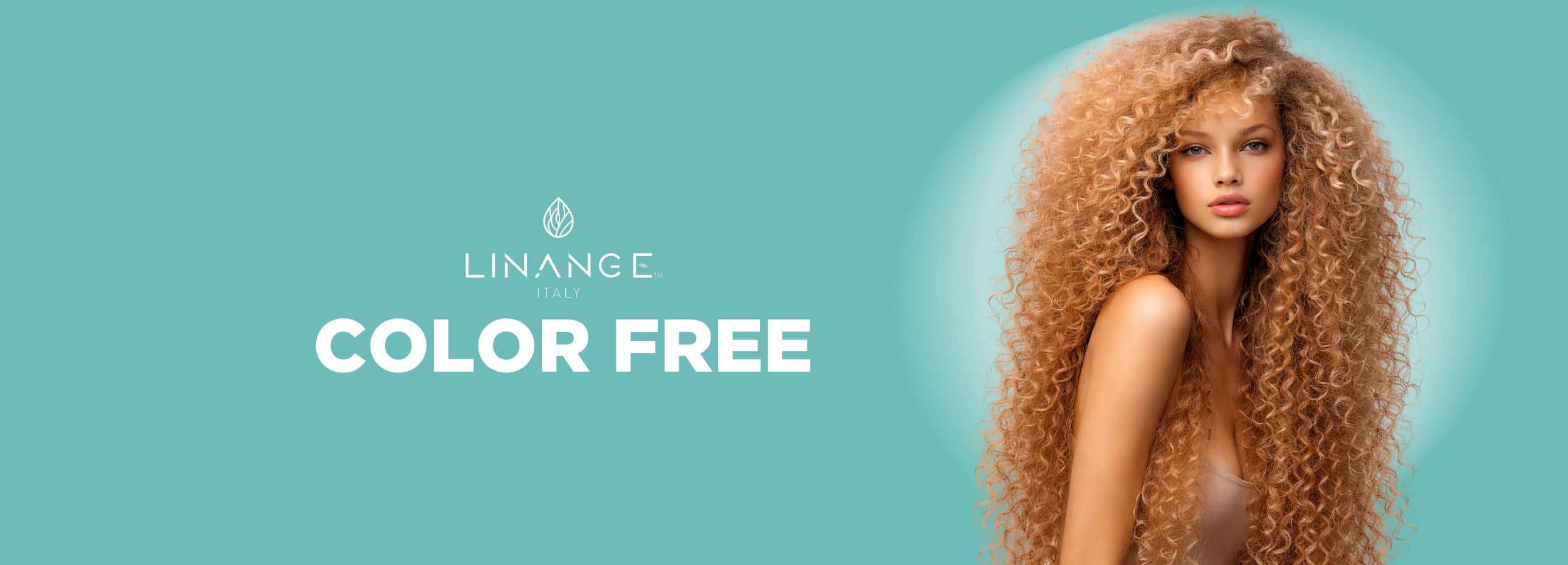 Woman with voluminous curly blonde hair, Linange Italy Color Free hair care product ad