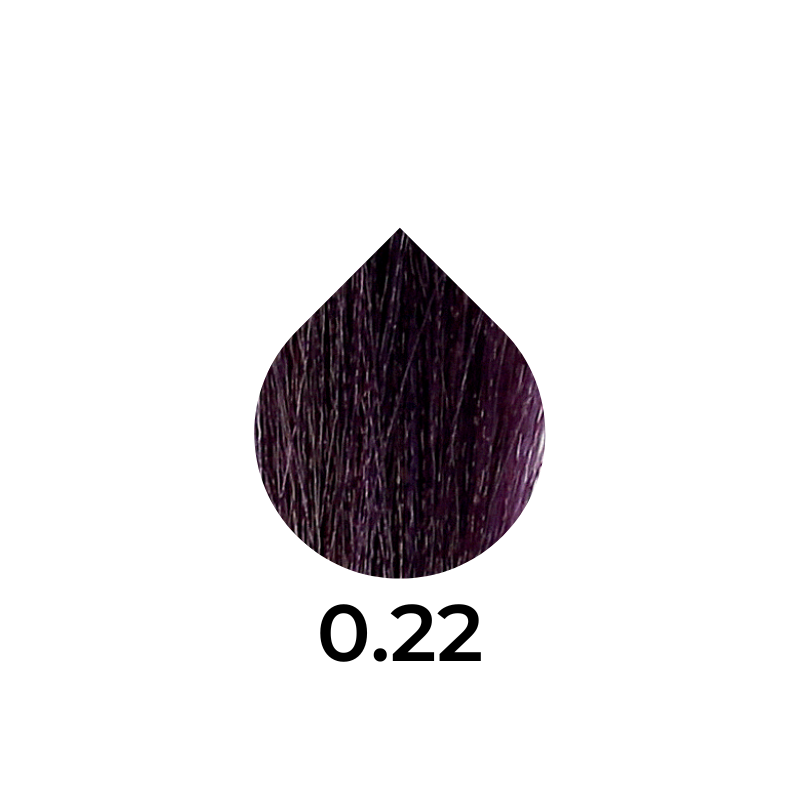 Deep purple hair color swatch in teardrop shape, labeled 0.22 for professional beauty use
