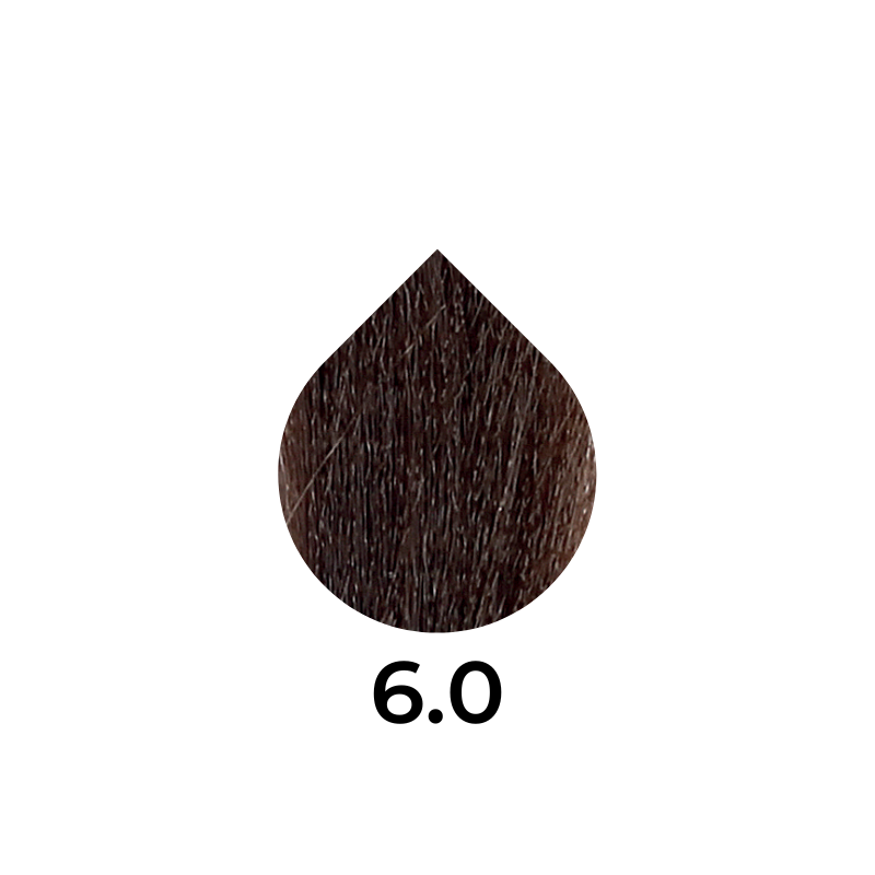 Dark brown hair dye swatch in teardrop shape, labeled 6.0 for hair color selection
