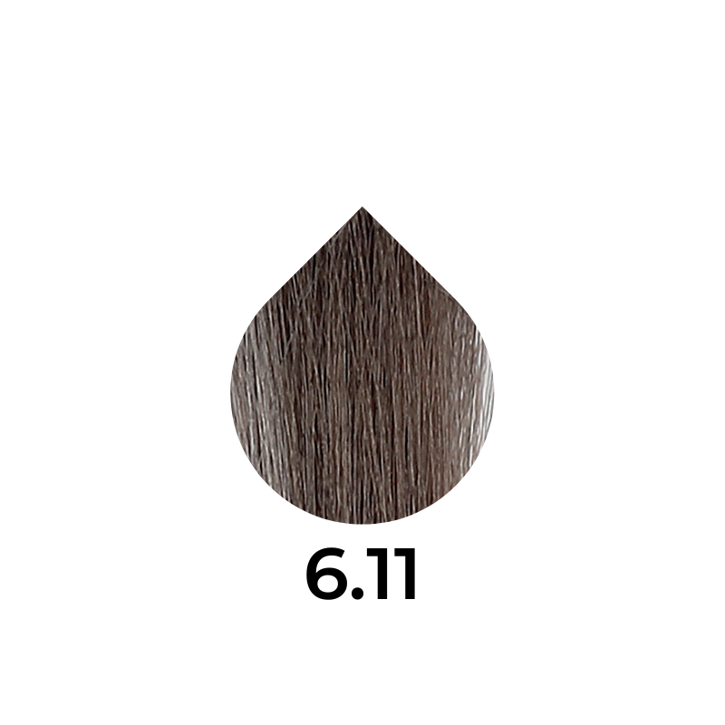 Hair color swatch 6.11, dark ash brown shade for professional salon use