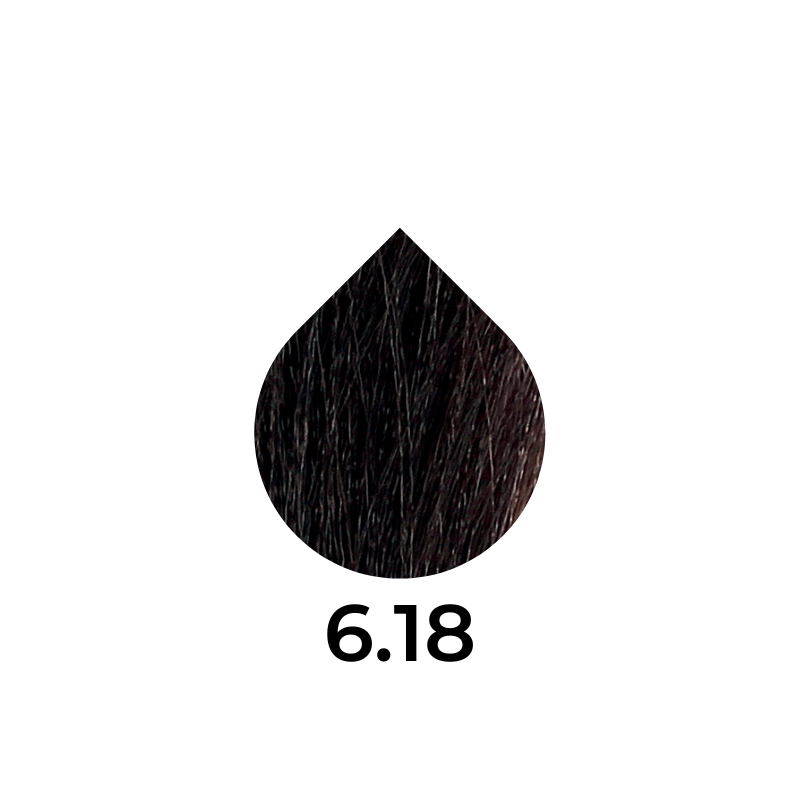 Dark brown hair dye swatch in teardrop shape, labeled 6.1 for beauty color selection
