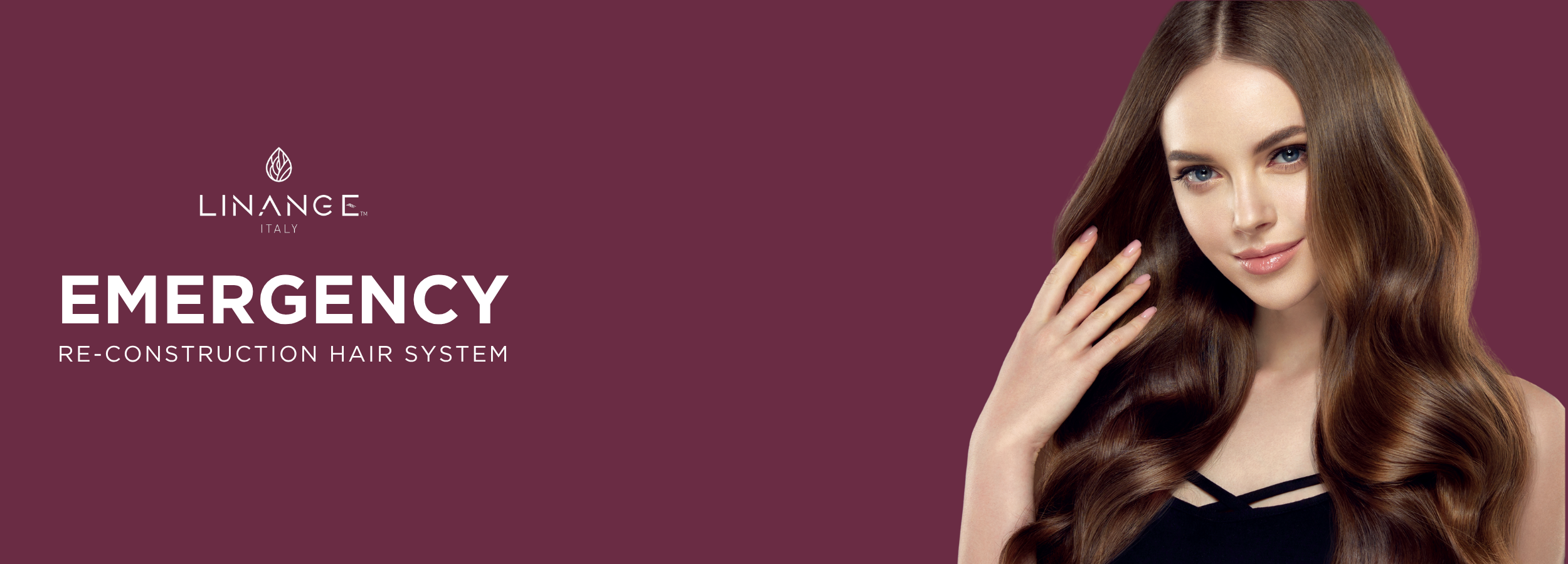 Woman with long, wavy brown hair showcasing Linange Italy Emergency Re-Construction Hair System
