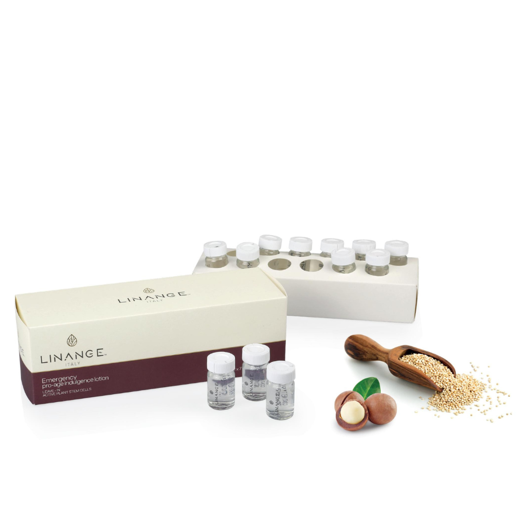 Linange Italy Emergency Pro-Age Indulgence Lotion with plant stem cells, macadamia nuts, and quinoa seeds