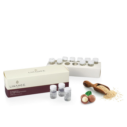 Linange Italy Emergency Pro-Age Indulgence Lotion with plant stem cells, macadamia nuts, and quinoa seeds