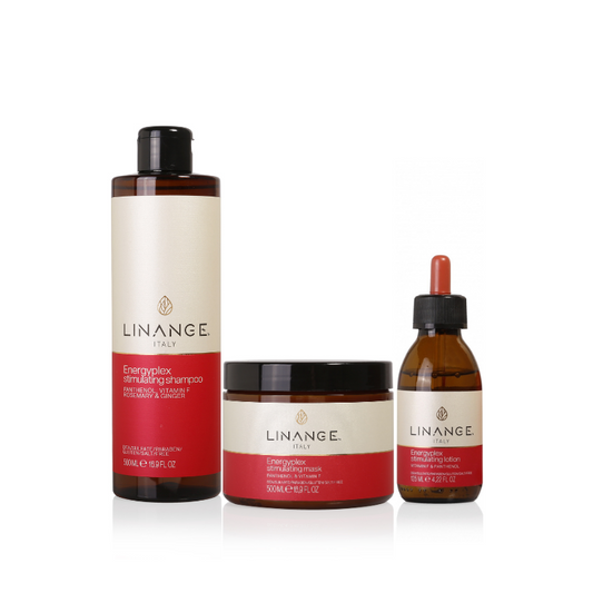 Linange Italy Energyplex hair care set: shampoo, mask, and stimulating lotion with rosemary & ginger