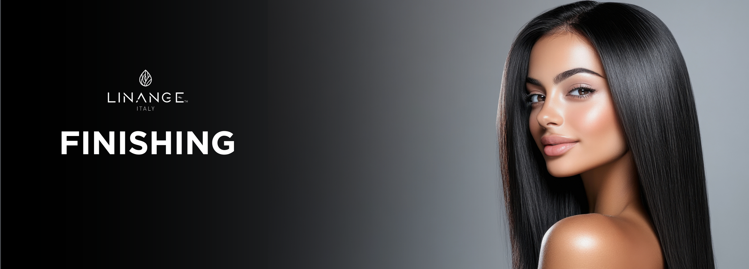 Smooth sleek black hair with radiant skin, Linange Italy Finishing beauty product ad