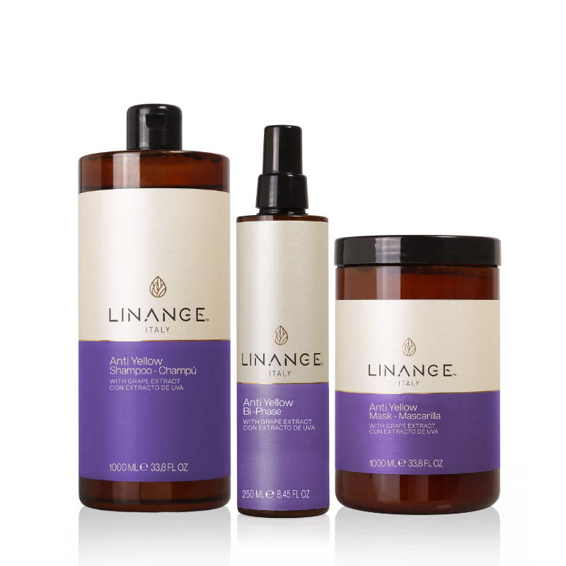 Linange Italy Anti Yellow hair care set with grape extract: shampoo, bi-phase spray, and mask