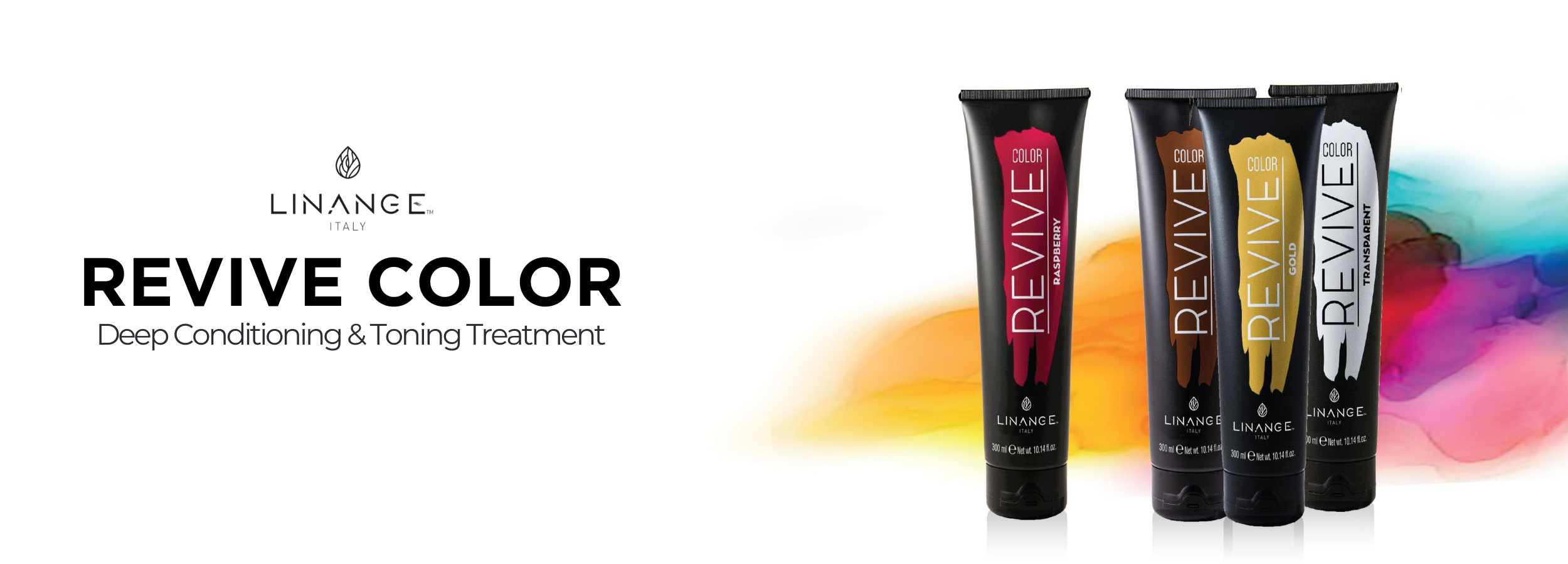 Linange Italy Revive Color hair treatment tubes in raspberry, gold, transparent shades with colorful background