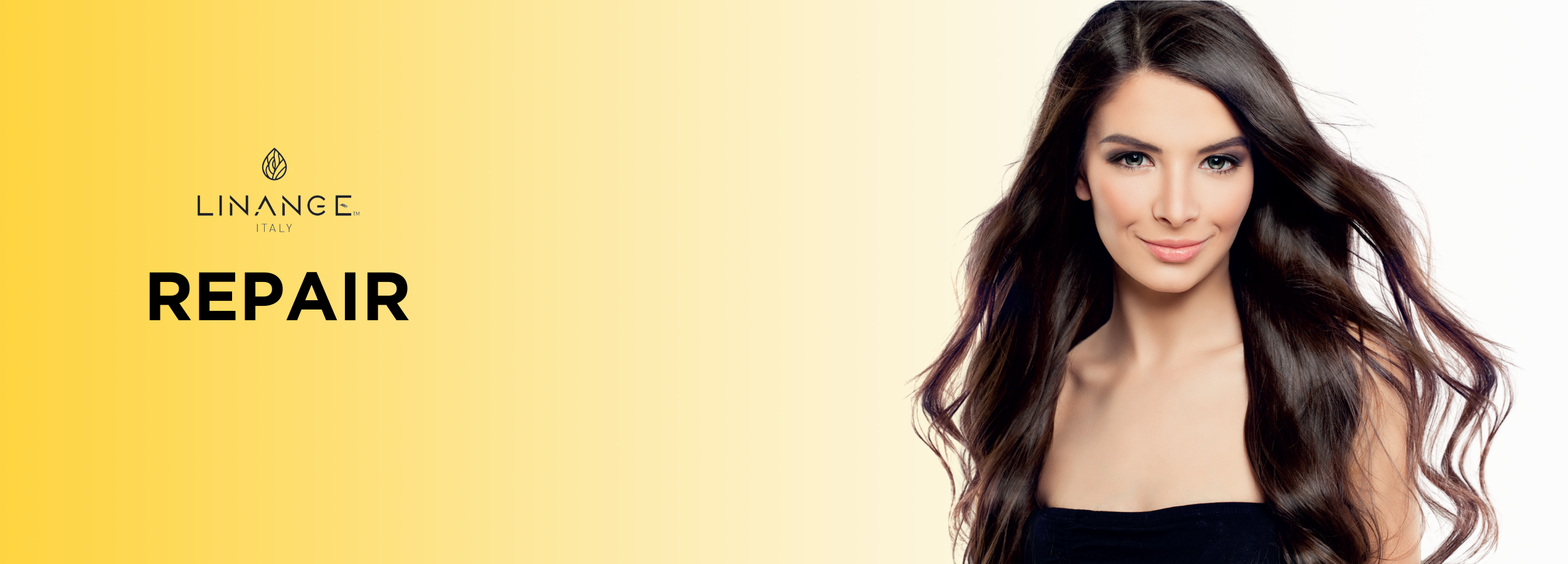 Woman with long, wavy dark hair showcasing Linange Italy Repair hair care product