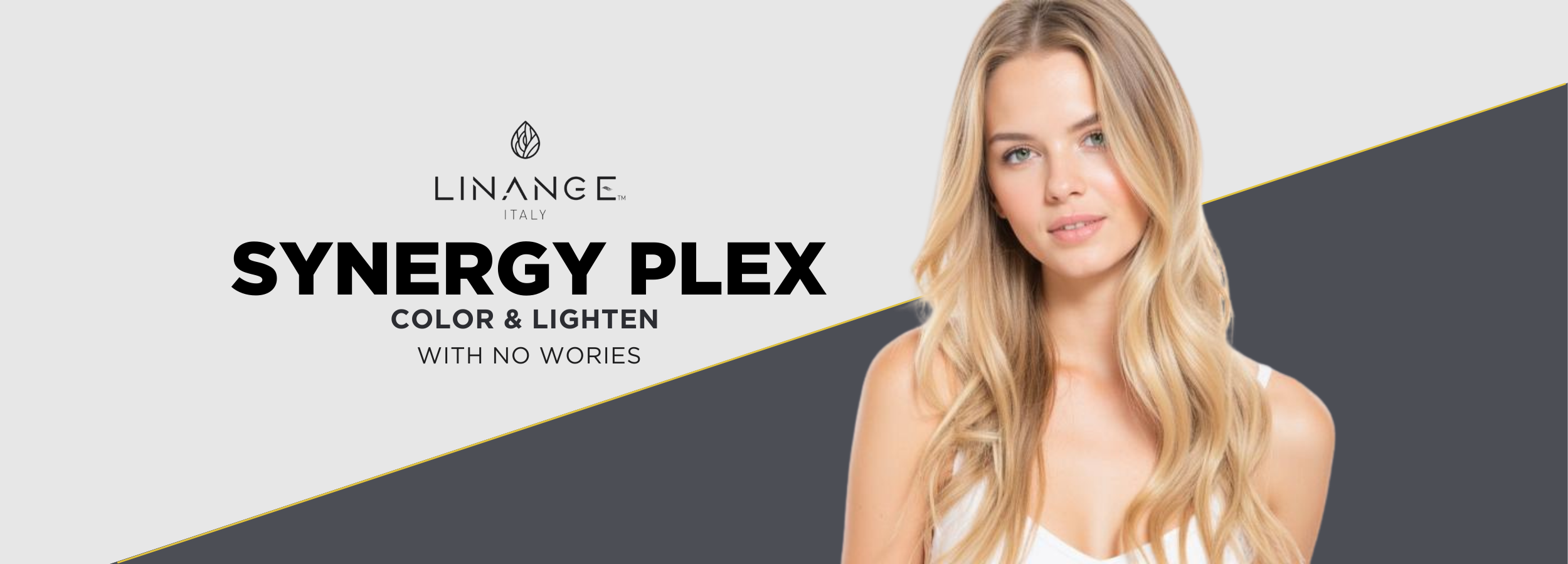 Woman with blonde hair using Linange Italy Synergy Plex for color and lighten with no worries