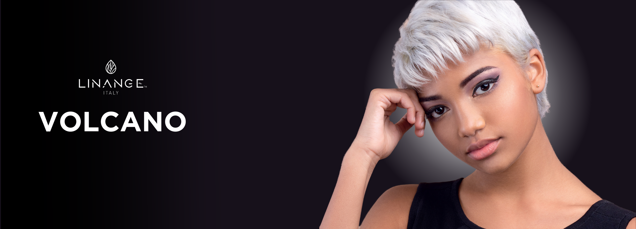 Model with platinum pixie cut and bold eye makeup for Linange Volcano collection
