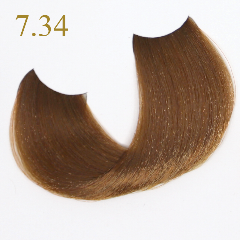 Hair color swatch 7.34, golden brown tone for salon or home use