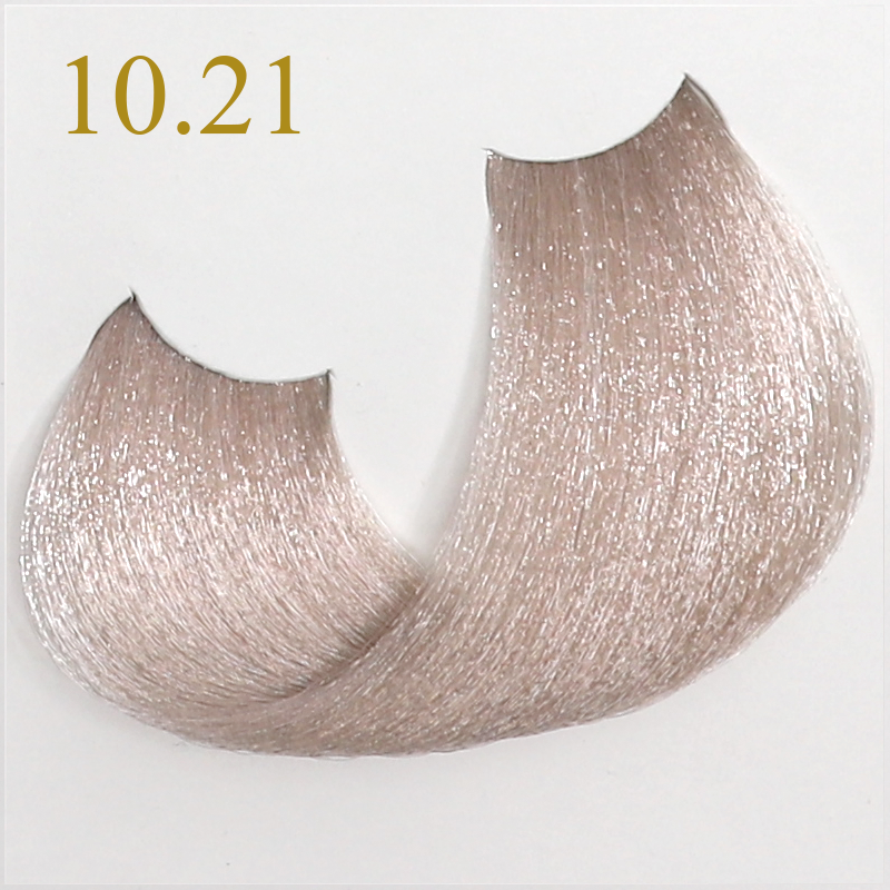 Hair color swatch 10.21, light ash blonde with subtle shimmer, ideal for salon or at-home coloring.