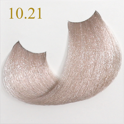 Hair color swatch 10.21, light ash blonde with subtle shimmer, ideal for salon or at-home coloring.