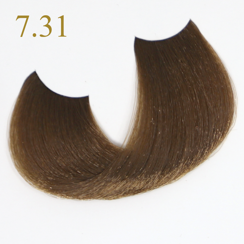 Hair color swatch 7.31, warm medium brown tone for salon or home use