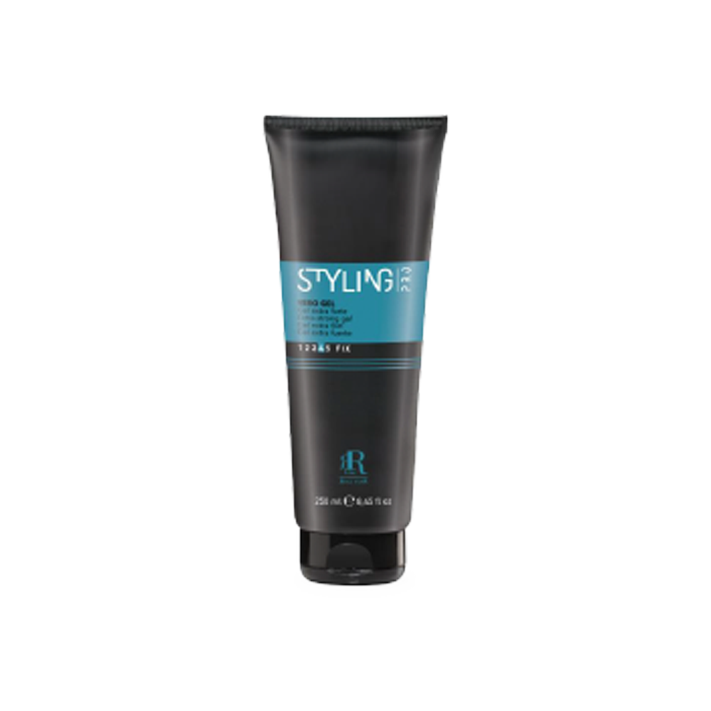 Styling gel for strong hold hair fix, 250ml tube with blue label, professional haircare product
